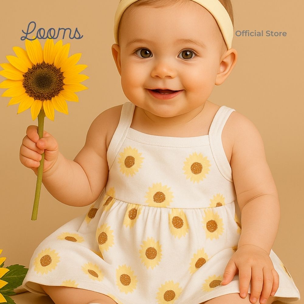SUNFLOWER SHORT DRESS WITH HEADBAND SET FOR INFANTS (0-12 MOS)