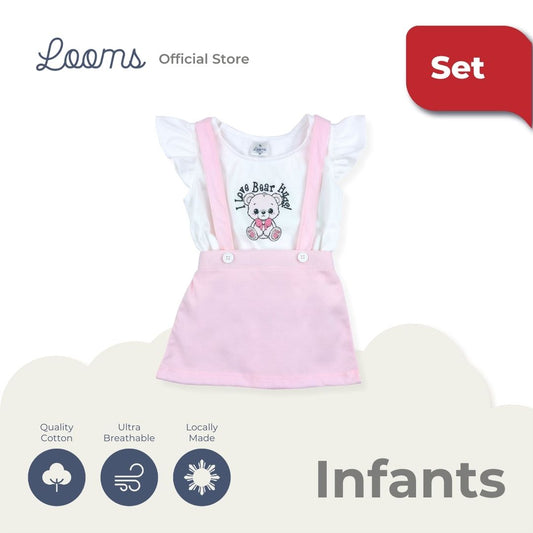 TEDDY BLOUSE AND SKIRT WITH SUSPENDERS SET FOR INFANTS (0-12 MOS)