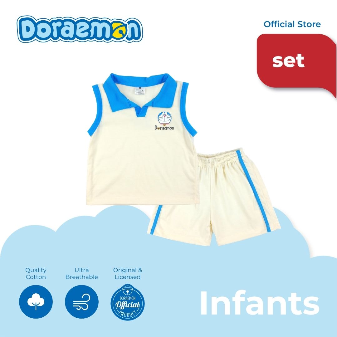 DORAEMON ODOROKI COLLARED MUSCLE TEE AND SHORTS SET FOR INFANTS (3-12 MOS)
