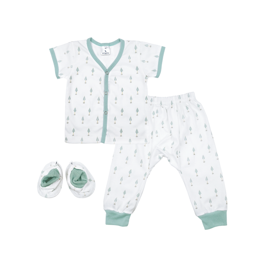 BAINS DE SOLEIL BUTTONED DOWN SHIRT & PANTS WITH BOOTIES SET FOR NEWBORN